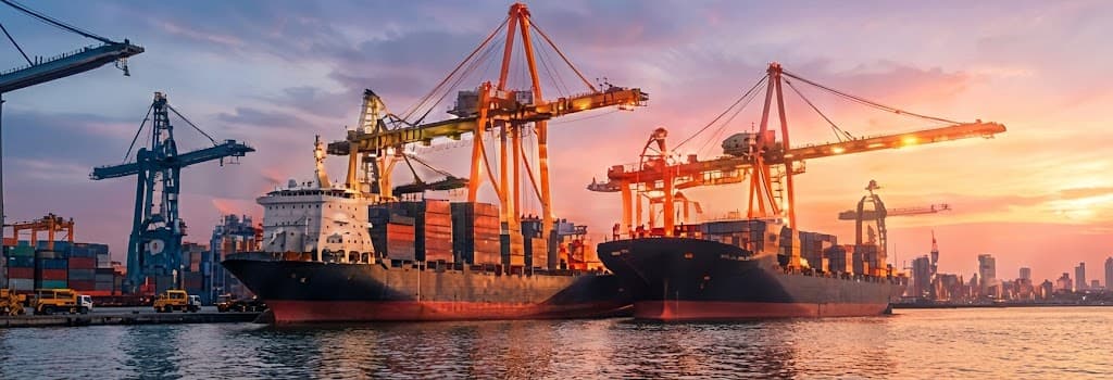 Port cranes loading a container ship at sunset